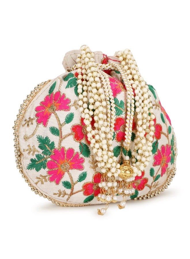 Anekaant Dangle Cream Floral Embroidered Faux Silk Potli - Image 5